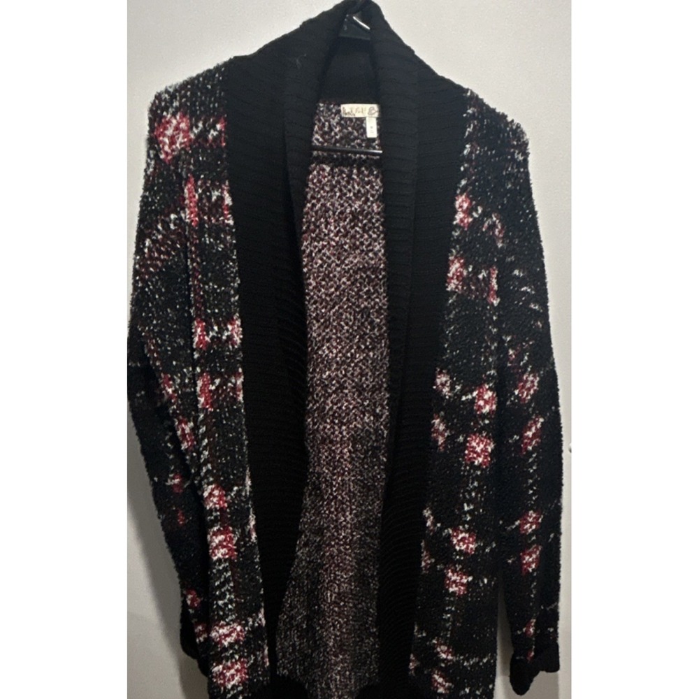 TRU Self Women's Plaid Open Front Cardigan Sweater Black Red White Long Sleeve M